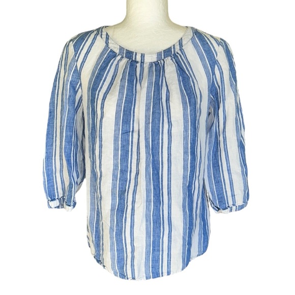 Boden Blue & White Striped Print Linen Button Back 3/4 Sleeve Top Blouse - 8 - Picture 2 of 8